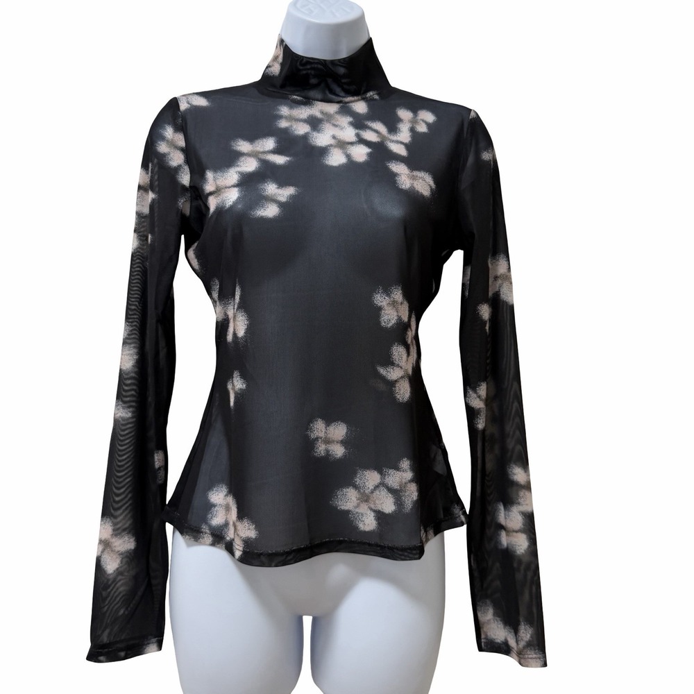 Reformation Nell Mesh Floral Knit Long Sleeve Mock Neck Top Size S Black Sheer